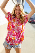 Haptics Fuchsia Big Floral Frill Neck Back Button Blouse