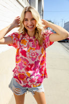 Haptics Fuchsia Big Floral Frill Neck Back Button Blouse