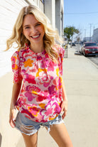 Haptics Fuchsia Big Floral Frill Neck Back Button Blouse