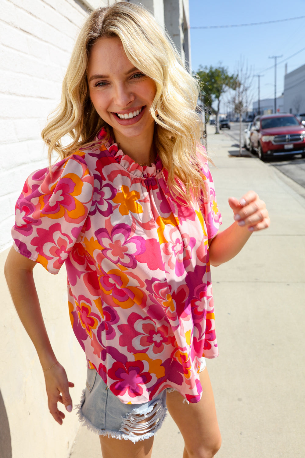 Haptics Fuchsia Big Floral Frill Neck Back Button Blouse