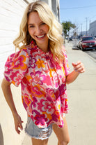 Haptics Fuchsia Big Floral Frill Neck Back Button Blouse