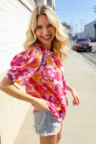 Haptics Fuchsia Big Floral Frill Neck Back Button Blouse