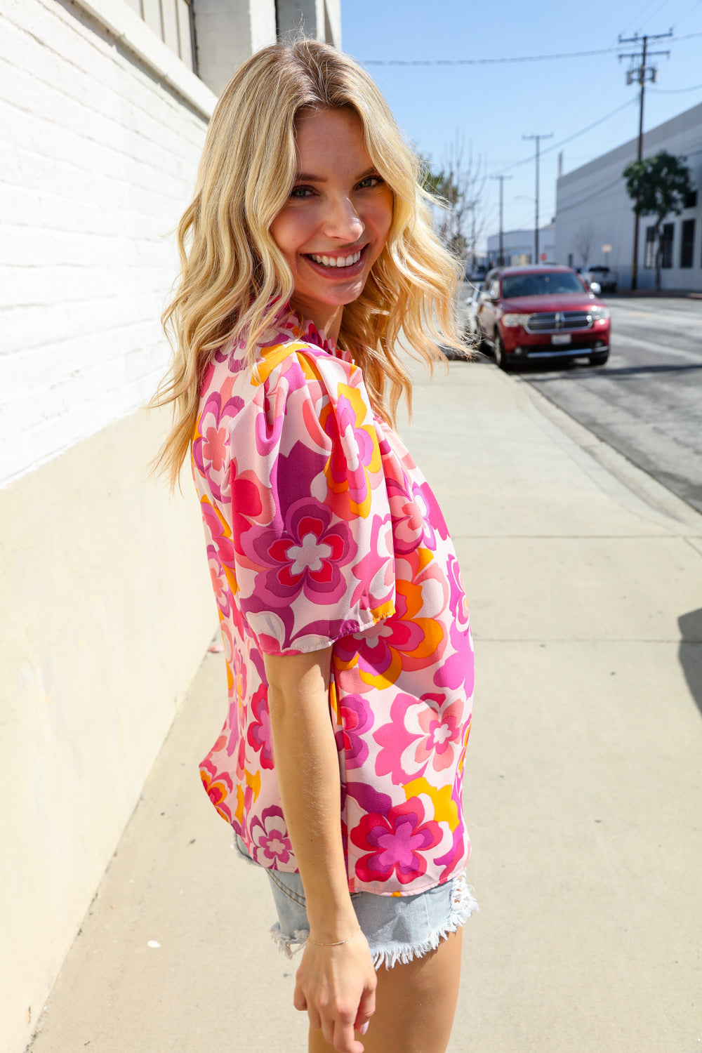 Haptics Fuchsia Big Floral Frill Neck Back Button Blouse
