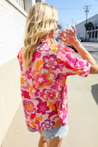 Haptics Fuchsia Big Floral Frill Neck Back Button Blouse