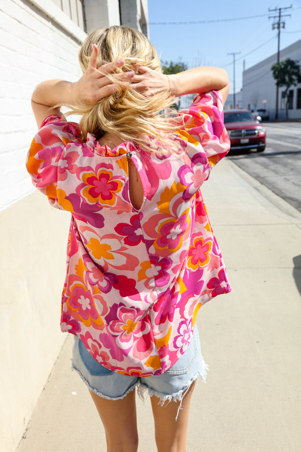 Haptics Fuchsia Big Floral Frill Neck Back Button Blouse