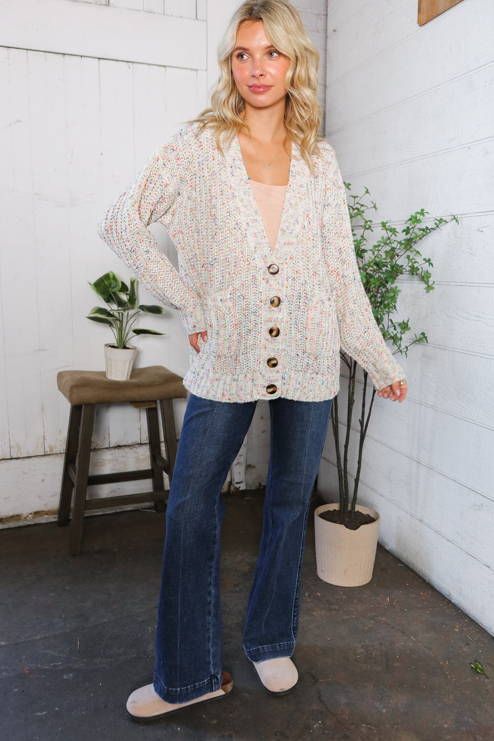 Haptics Cozy in Confetti Pocketed Button Cardigan