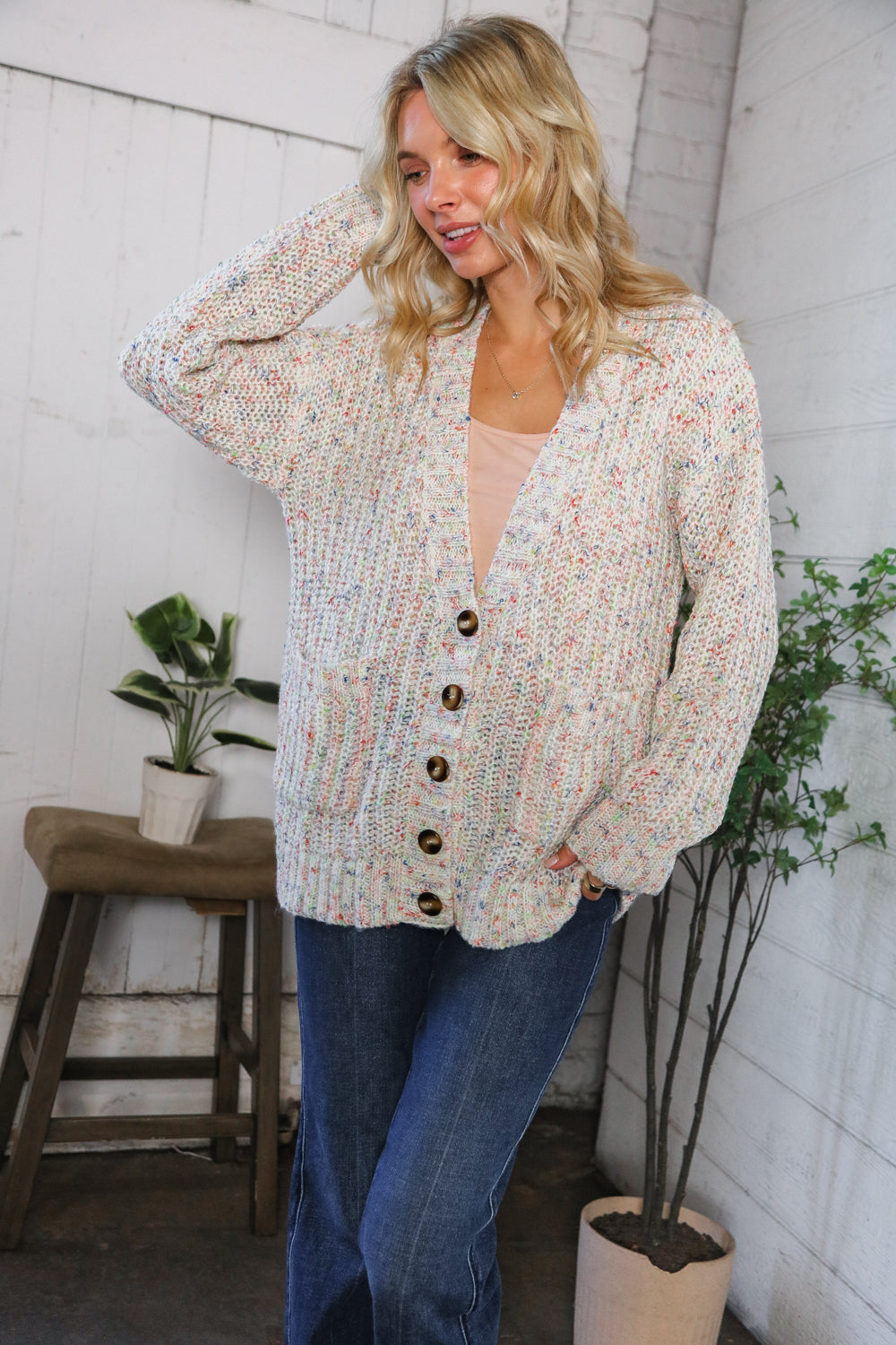 Haptics Cozy in Confetti Pocketed Button Cardigan
