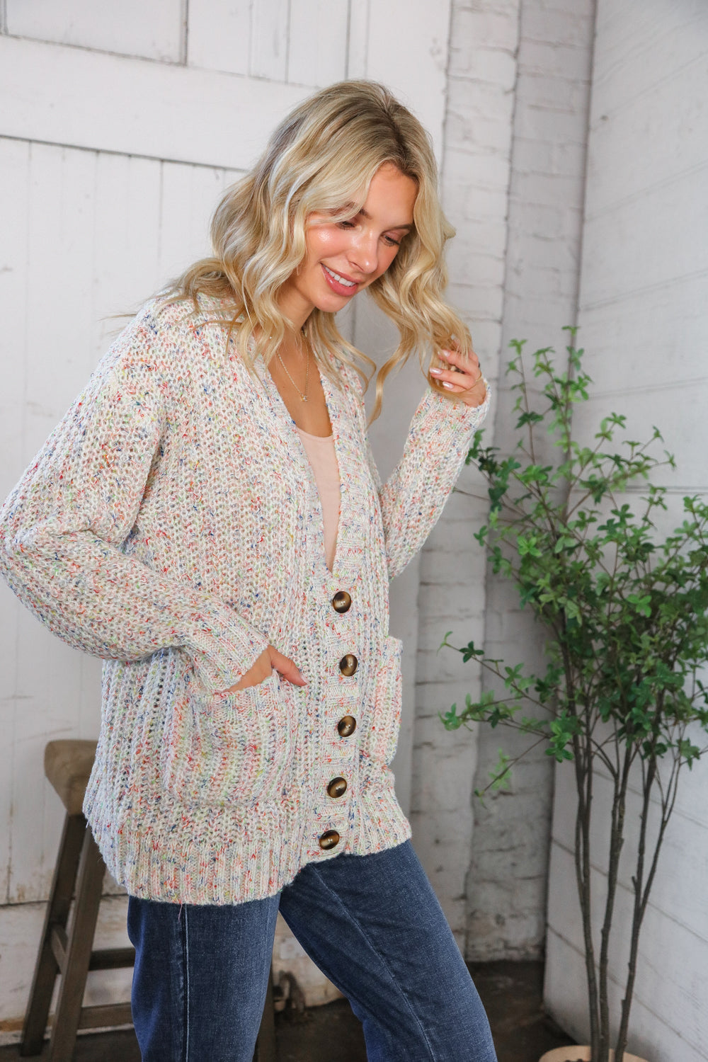 Haptics Cozy in Confetti Pocketed Button Cardigan