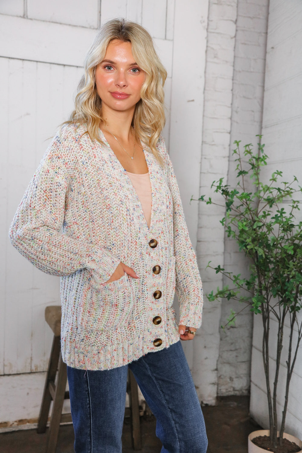 Haptics Cozy in Confetti Pocketed Button Cardigan