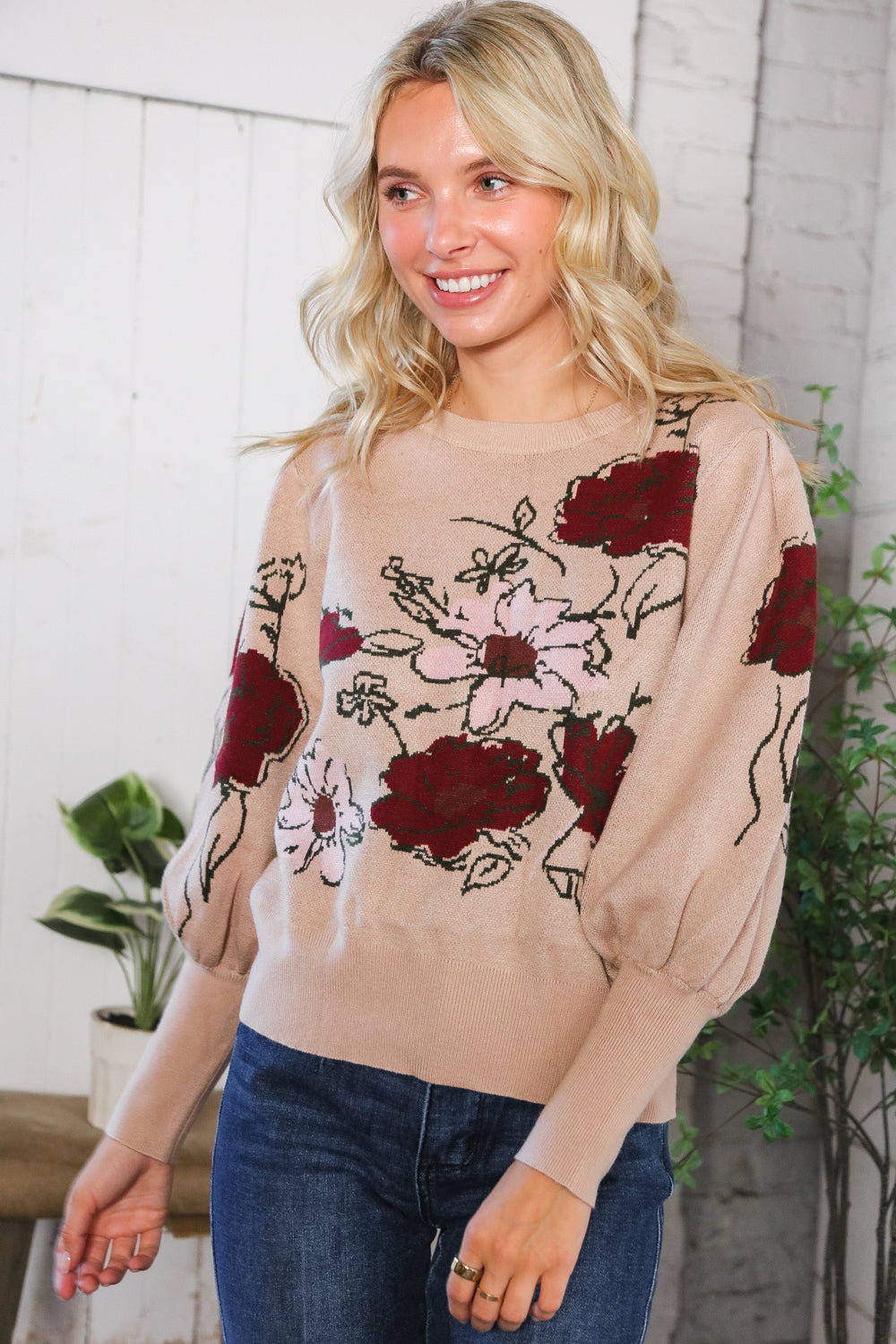Haptics Scarlet Petals Bubble Sleeve Sweater