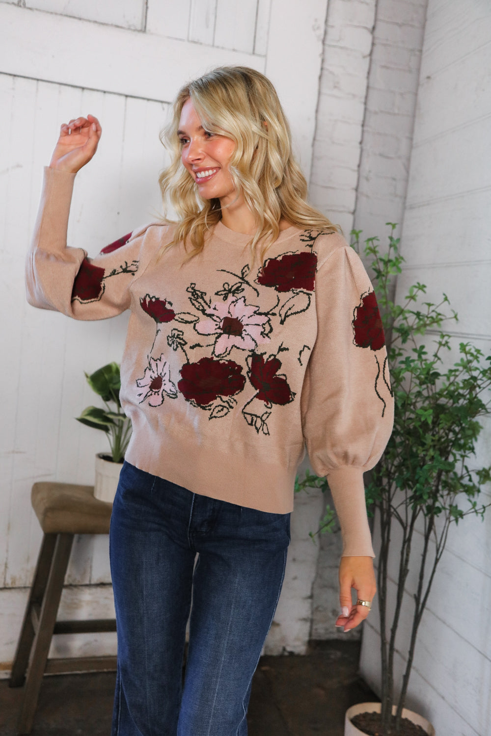 Haptics Scarlet Petals Bubble Sleeve Sweater