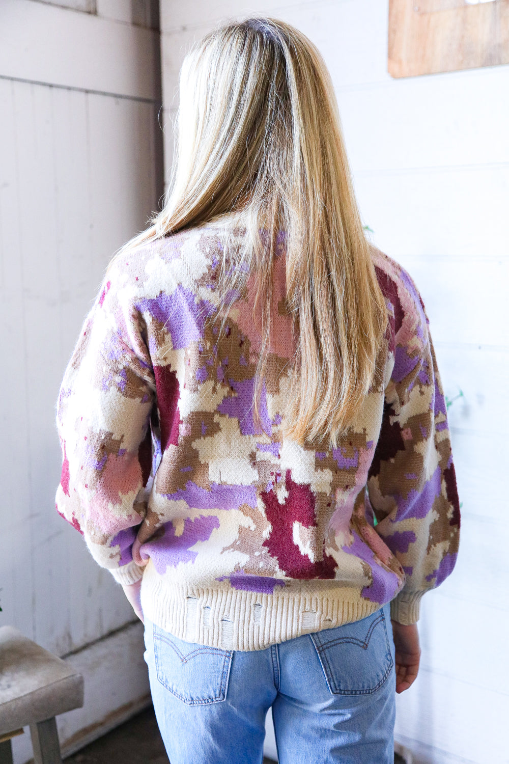 And The Why Cozy Taupe Multi Print Design Sweater