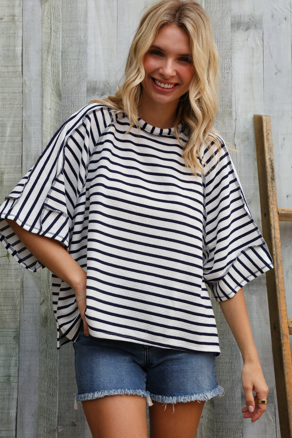 Haptics Casual Chic Cotton Navy & Cream Stripe Raglan 3/4 Sleeve Pullover