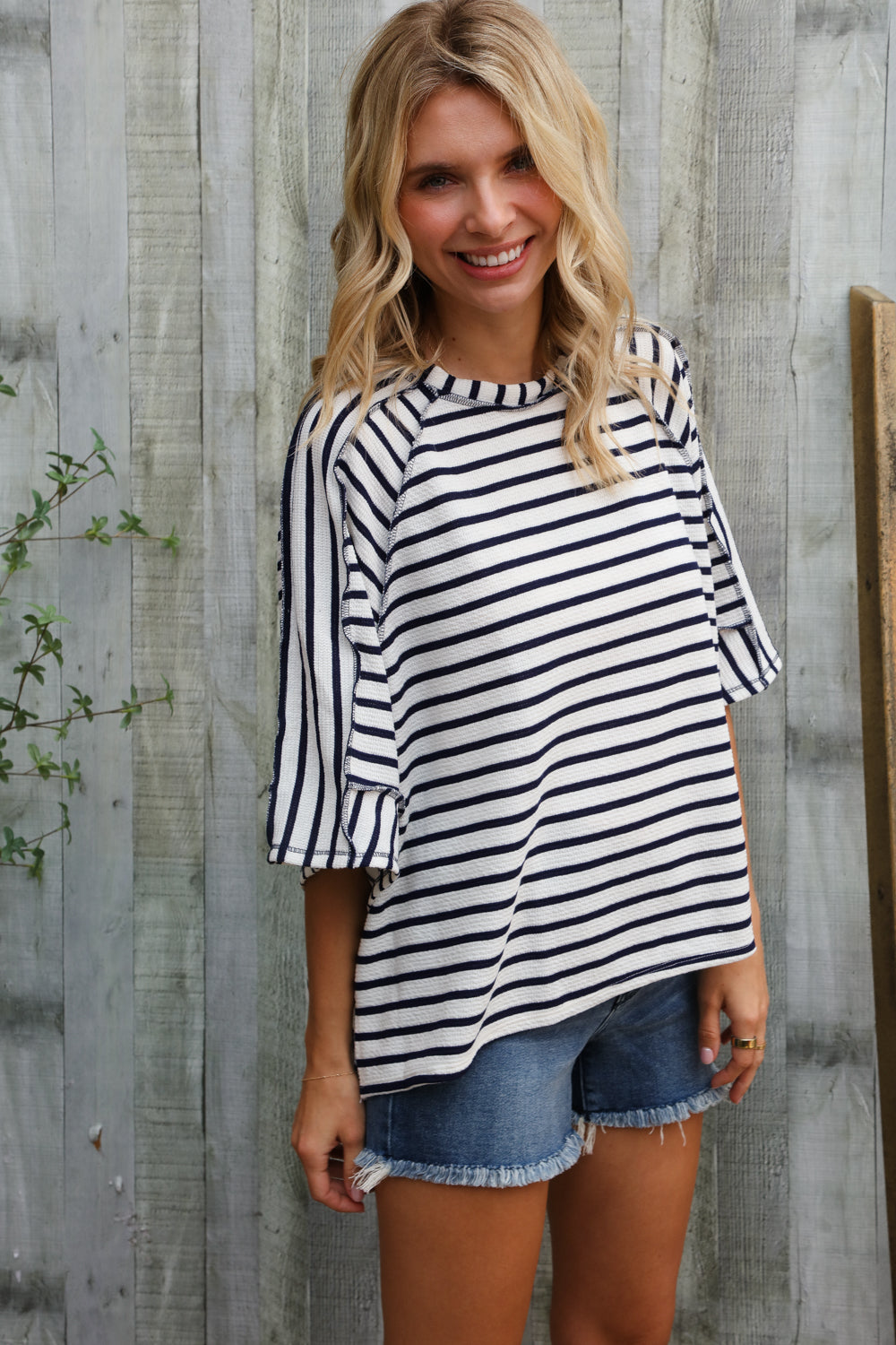 Haptics Casual Chic Cotton Navy & Cream Stripe Raglan 3/4 Sleeve Pullover