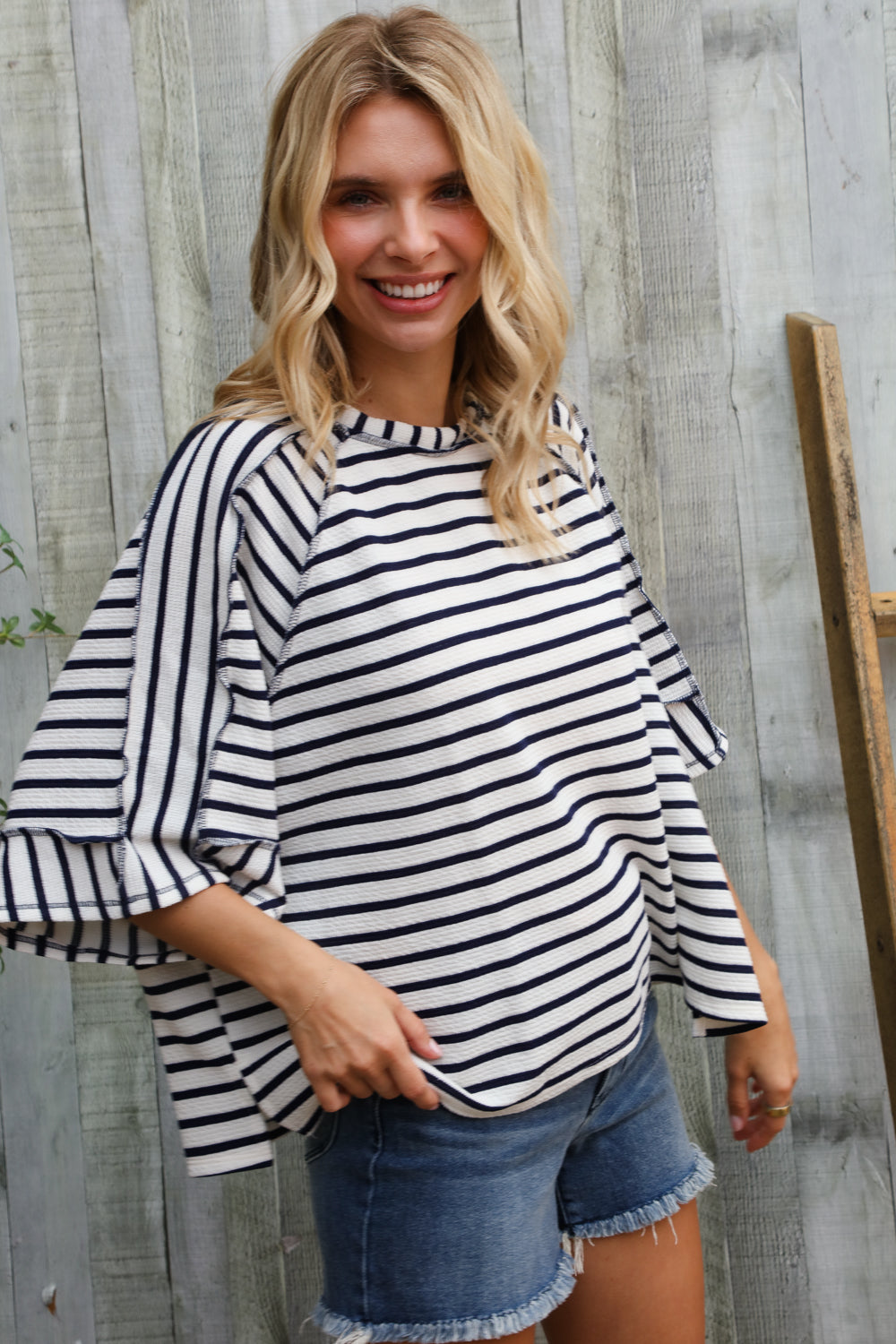 Haptics Casual Chic Cotton Navy & Cream Stripe Raglan 3/4 Sleeve Pullover