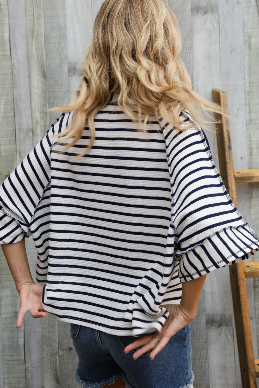 Haptics Casual Chic Cotton Navy & Cream Stripe Raglan 3/4 Sleeve Pullover