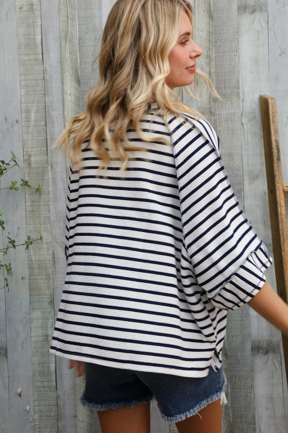Haptics Casual Chic Cotton Navy & Cream Stripe Raglan 3/4 Sleeve Pullover