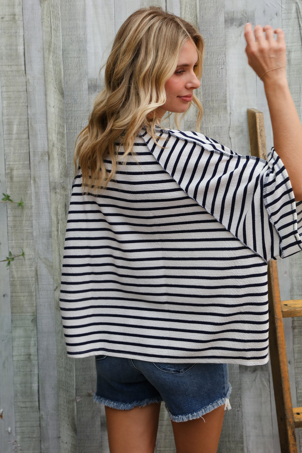 Haptics Casual Chic Cotton Navy & Cream Stripe Raglan 3/4 Sleeve Pullover