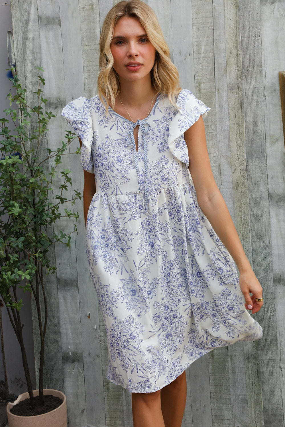 Haptics Vintage Floral Dusty Blue Folded Ruffle Short Sleeve Babydoll Dress