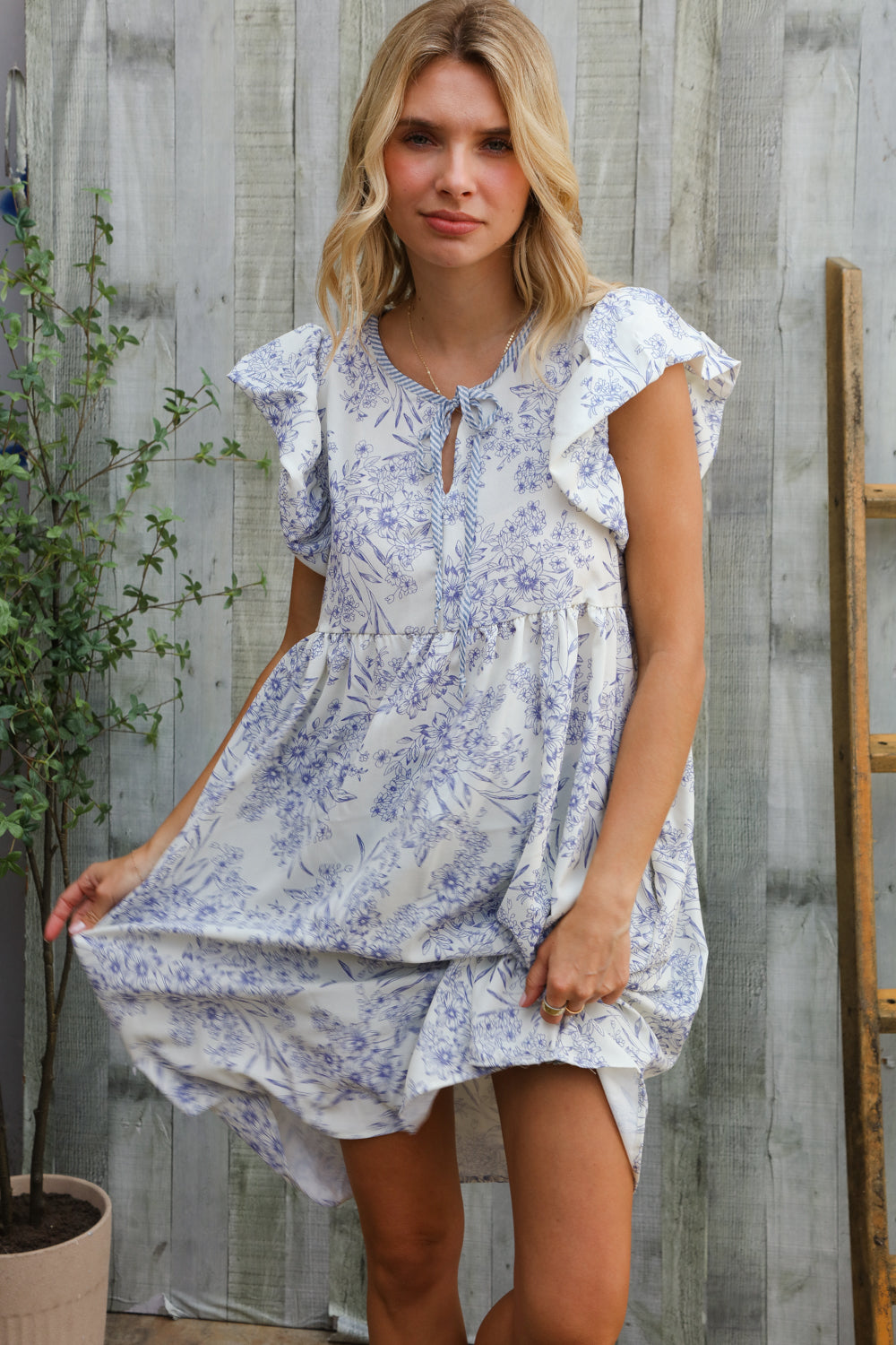 Haptics Vintage Floral Dusty Blue Folded Ruffle Short Sleeve Babydoll Dress