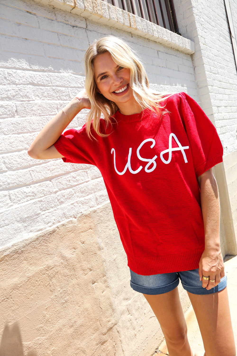 Haptics Patriotic USA Red Knit Embroidery Puff Sleeve Sweater Top
