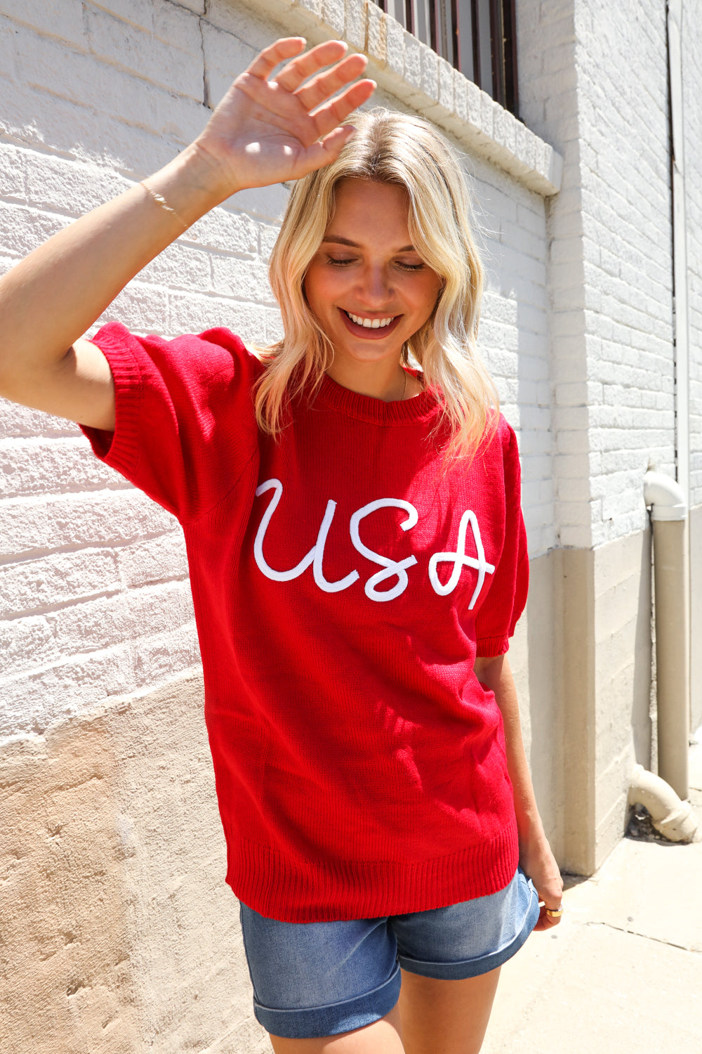 Haptics Patriotic USA Red Knit Embroidery Puff Sleeve Sweater Top
