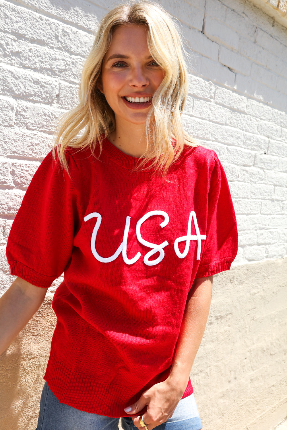 Haptics Patriotic USA Red Knit Embroidery Puff Sleeve Sweater Top