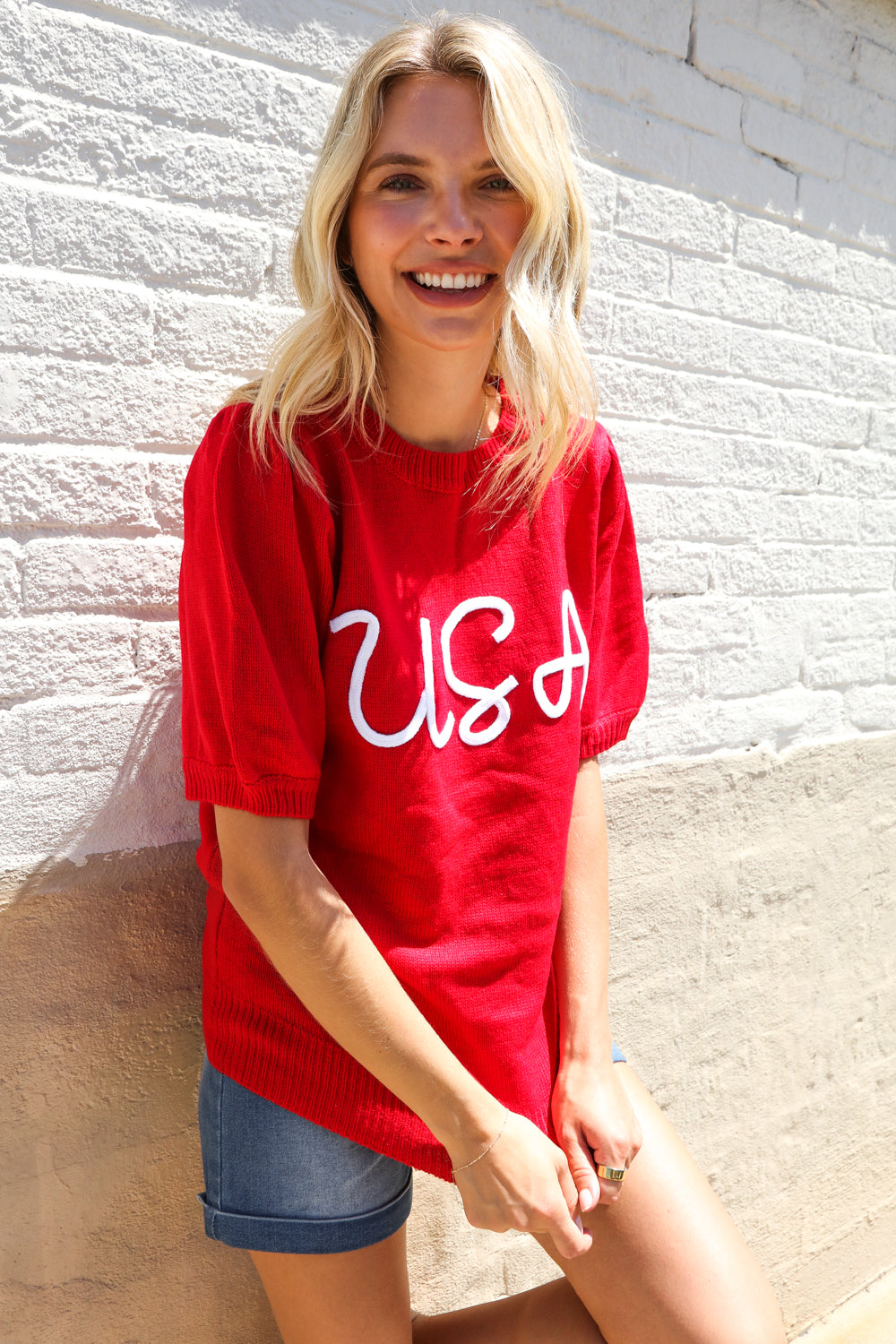 Haptics Patriotic USA Red Knit Embroidery Puff Sleeve Sweater Top