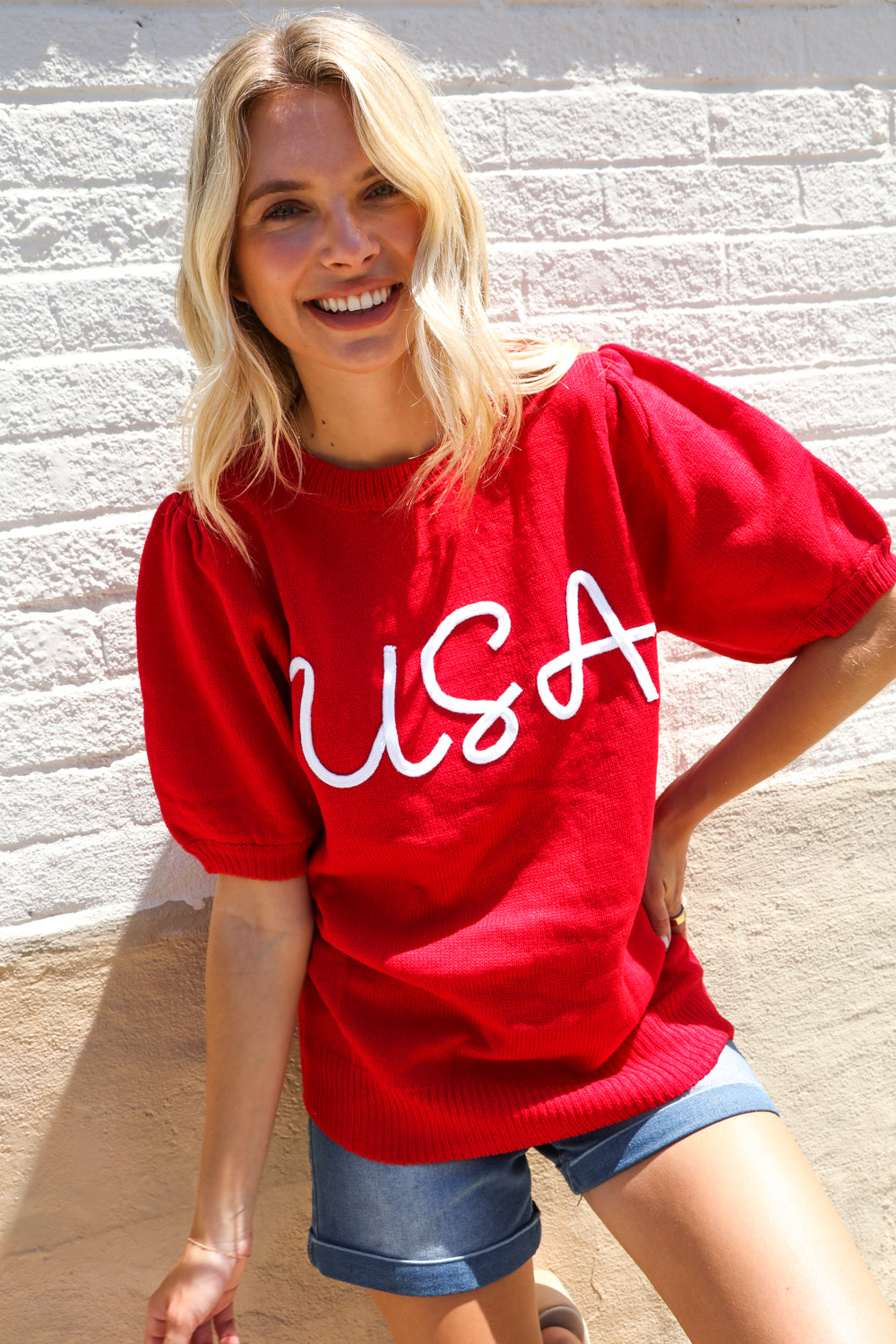 Haptics Patriotic USA Red Knit Embroidery Puff Sleeve Sweater Top