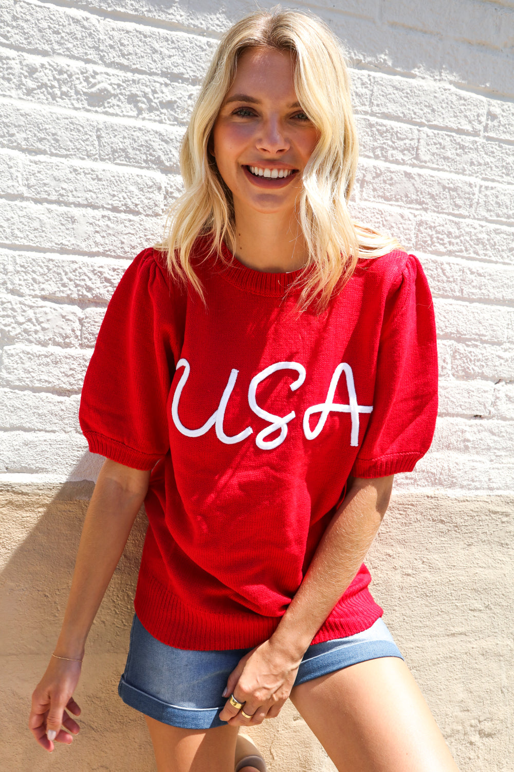 Haptics Patriotic USA Red Knit Embroidery Puff Sleeve Sweater Top