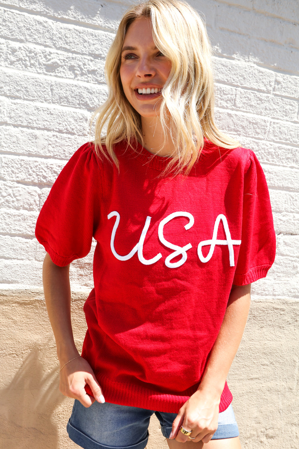 Haptics Patriotic USA Red Knit Embroidery Puff Sleeve Sweater Top