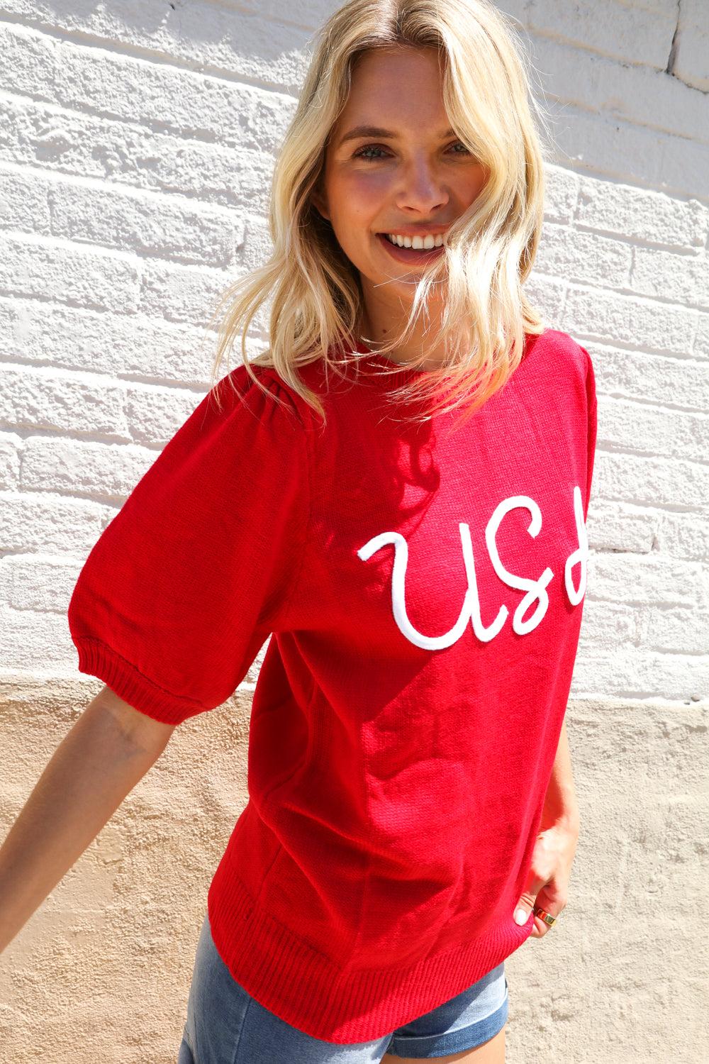 Haptics Patriotic USA Red Knit Embroidery Puff Sleeve Sweater Top