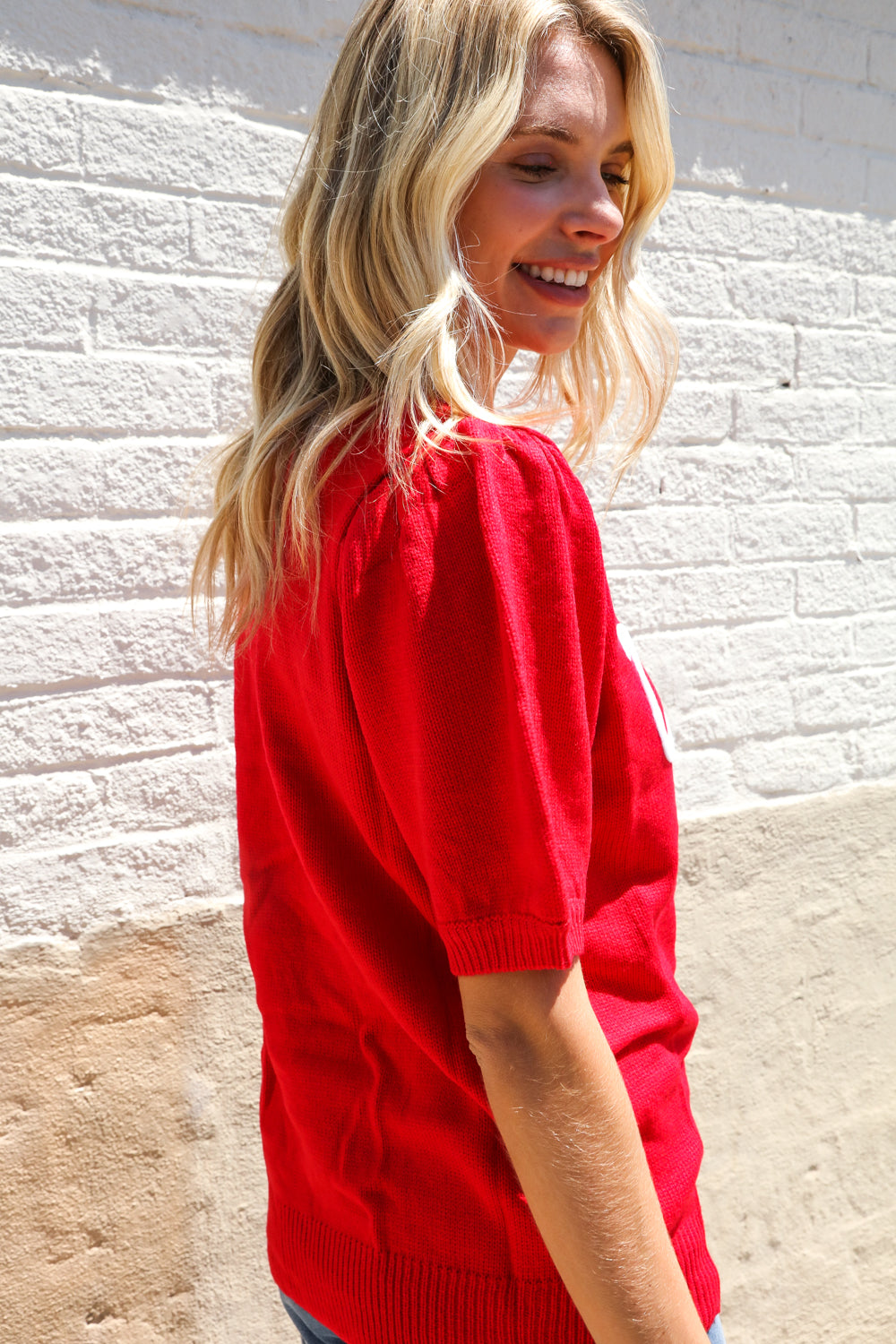 Haptics Patriotic USA Red Knit Embroidery Puff Sleeve Sweater Top