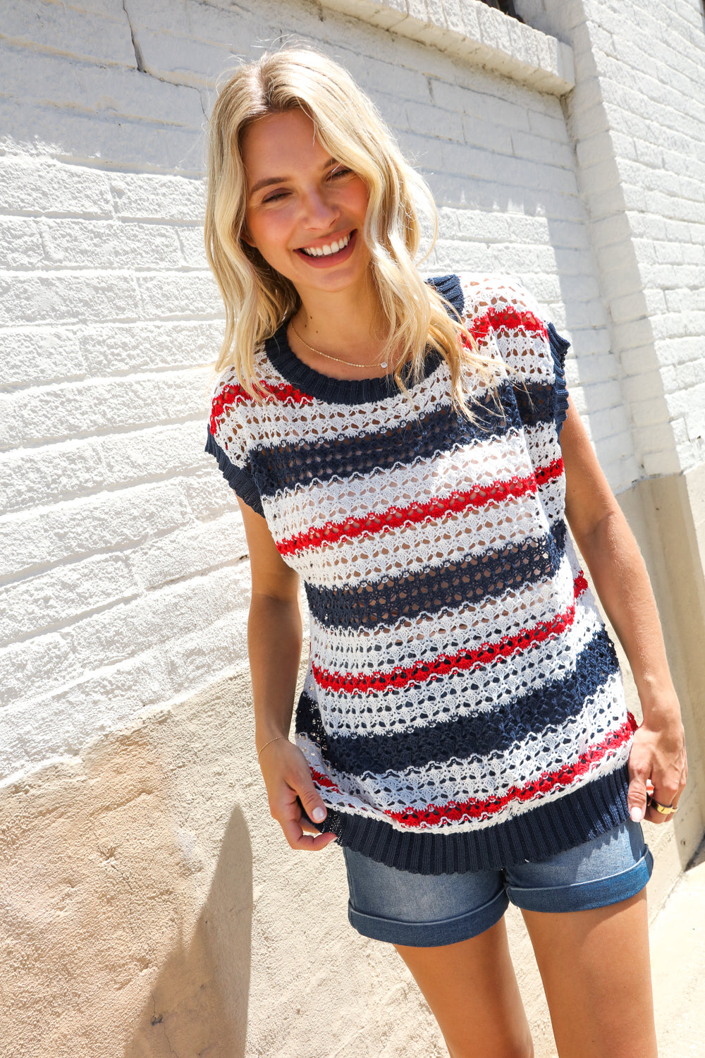 Haptics Red White & Blue Striped Crochet Sweater Top