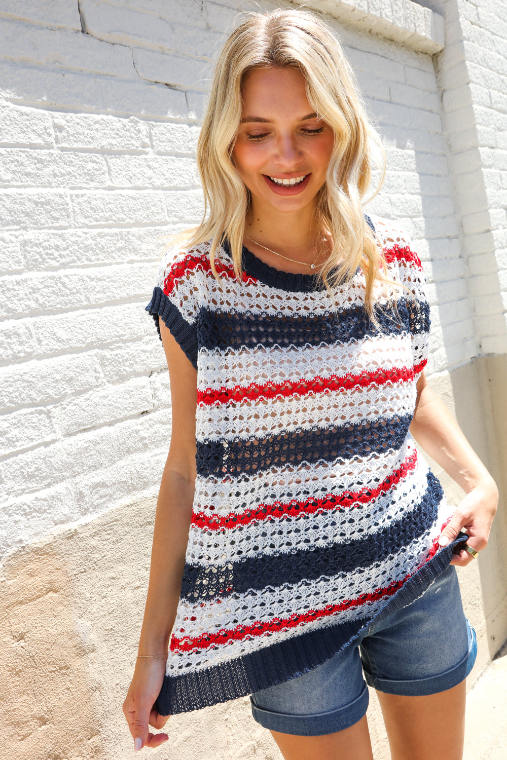 Haptics Red White & Blue Striped Crochet Sweater Top