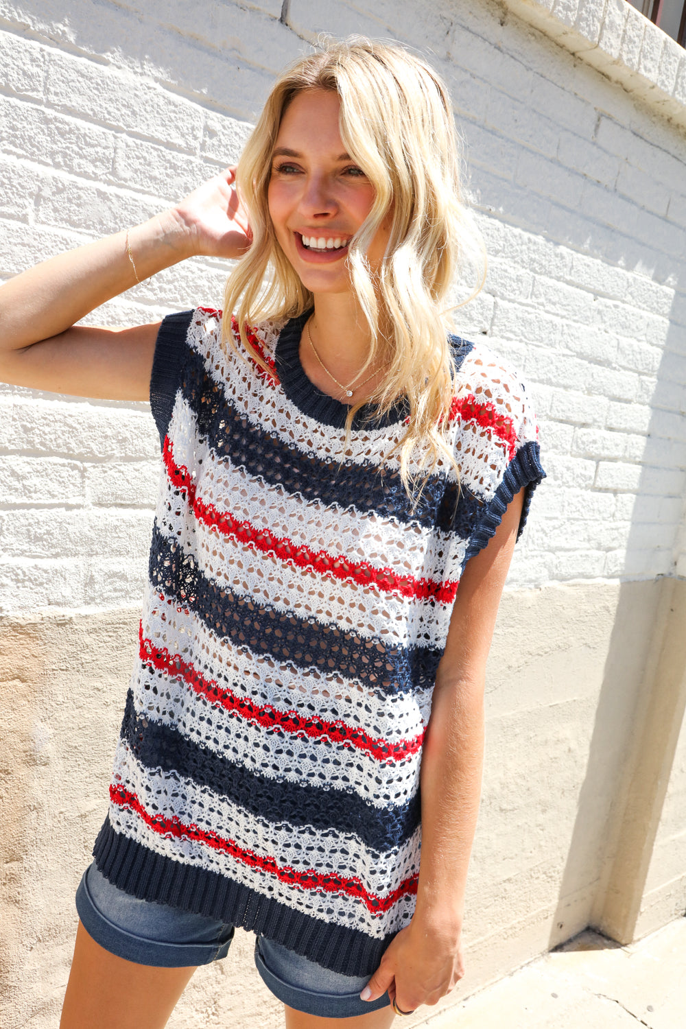 Haptics Red White & Blue Striped Crochet Sweater Top