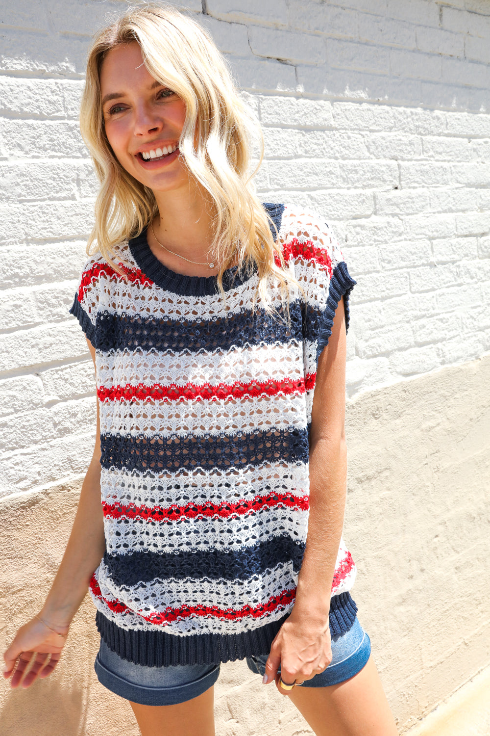 Haptics Red White & Blue Striped Crochet Sweater Top