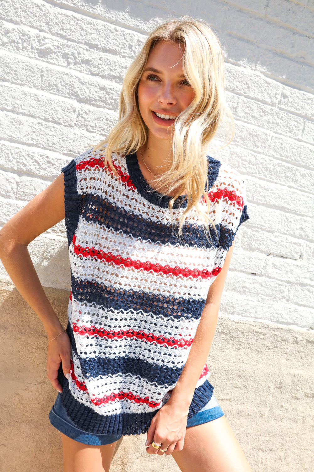 Haptics Red White & Blue Striped Crochet Sweater Top
