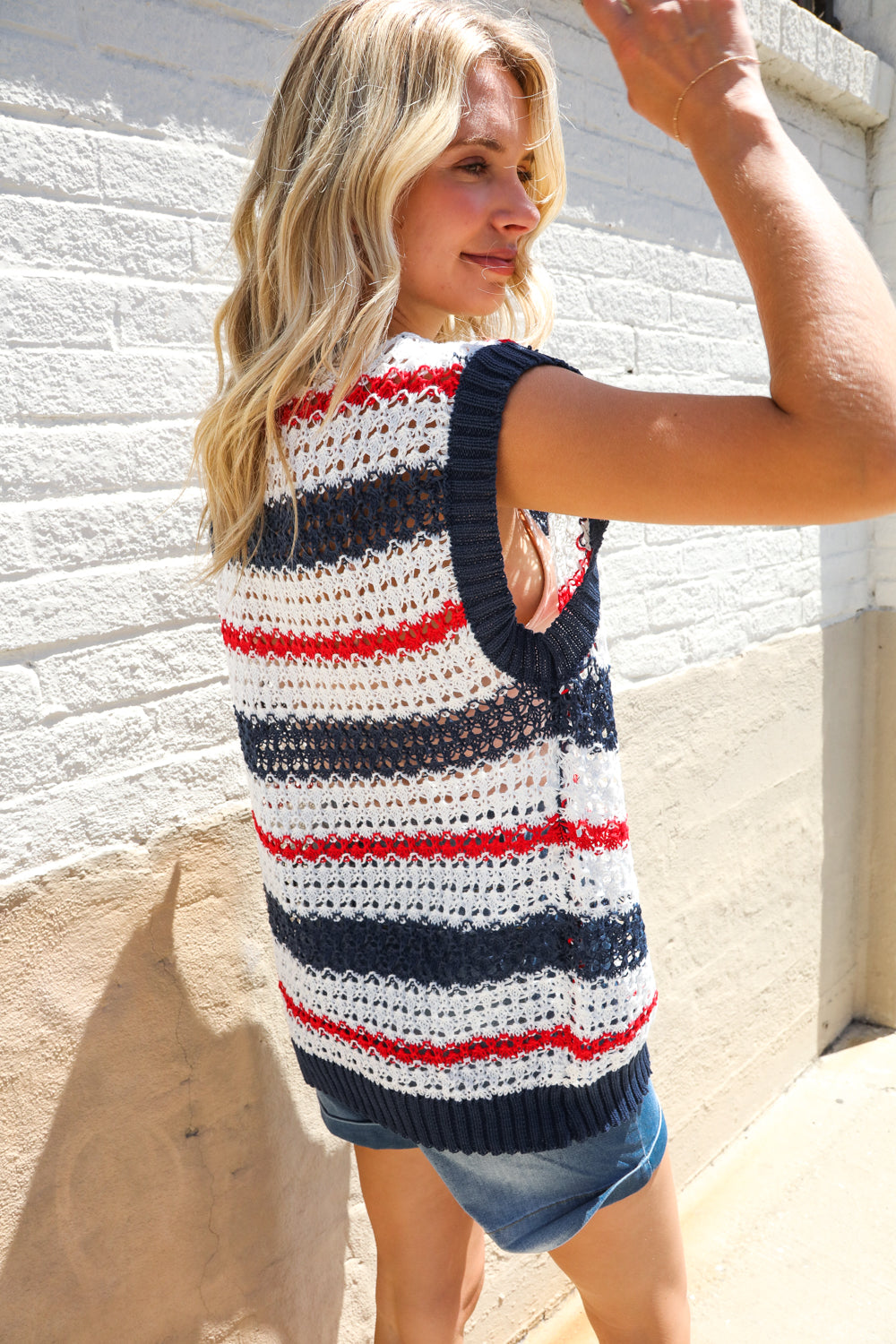 Haptics Red White & Blue Striped Crochet Sweater Top