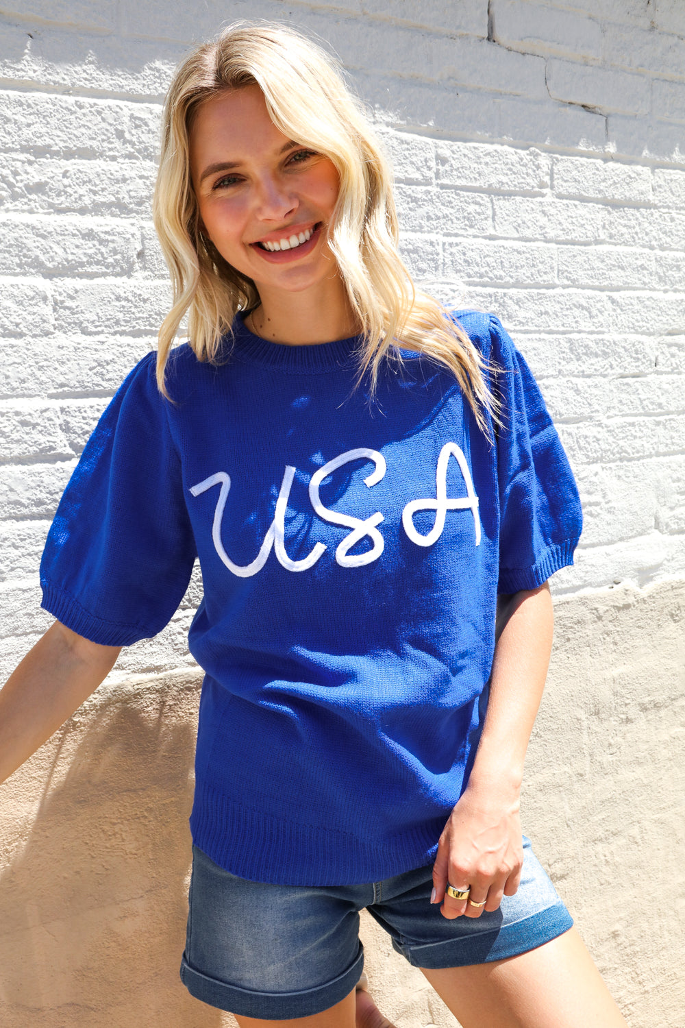 Haptics Patriotic USA Blue Knit Embroidery Puff Sleeve Sweater Top