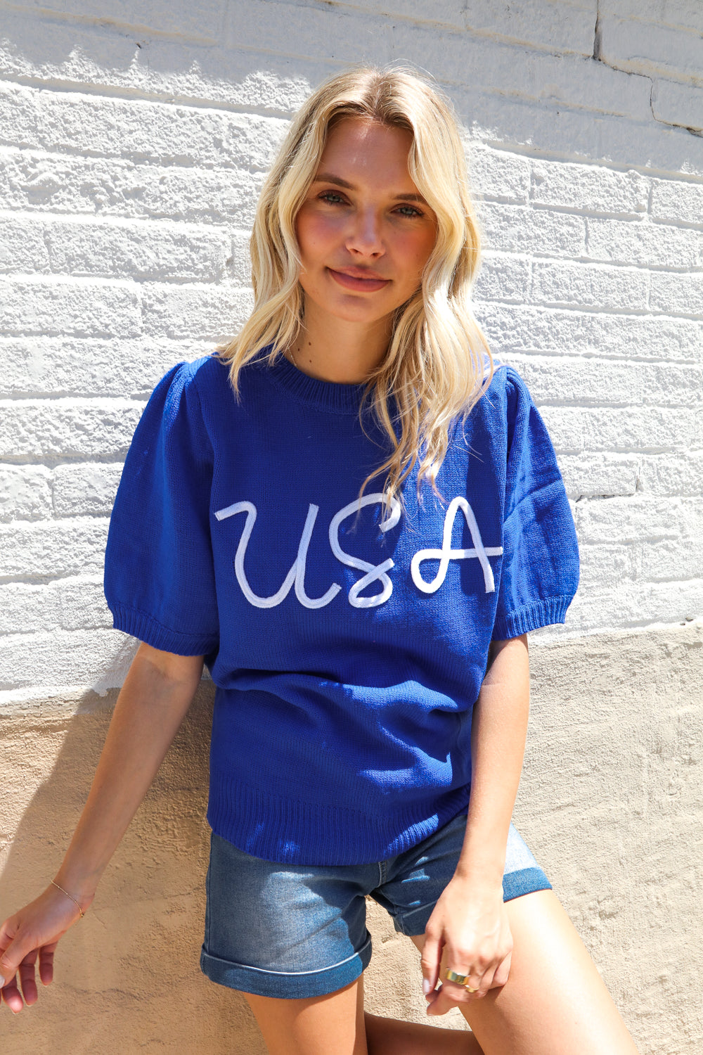 Haptics Patriotic USA Blue Knit Embroidery Puff Sleeve Sweater Top