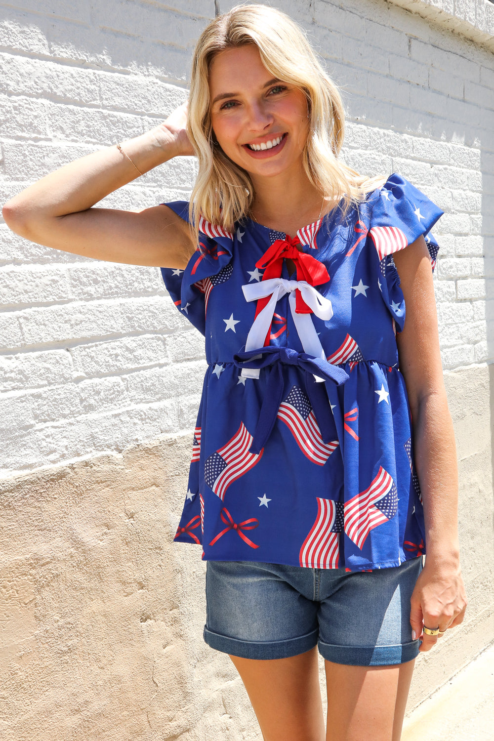 Haptics American Flag Blue & Red Stars & Bow Print Woven Top