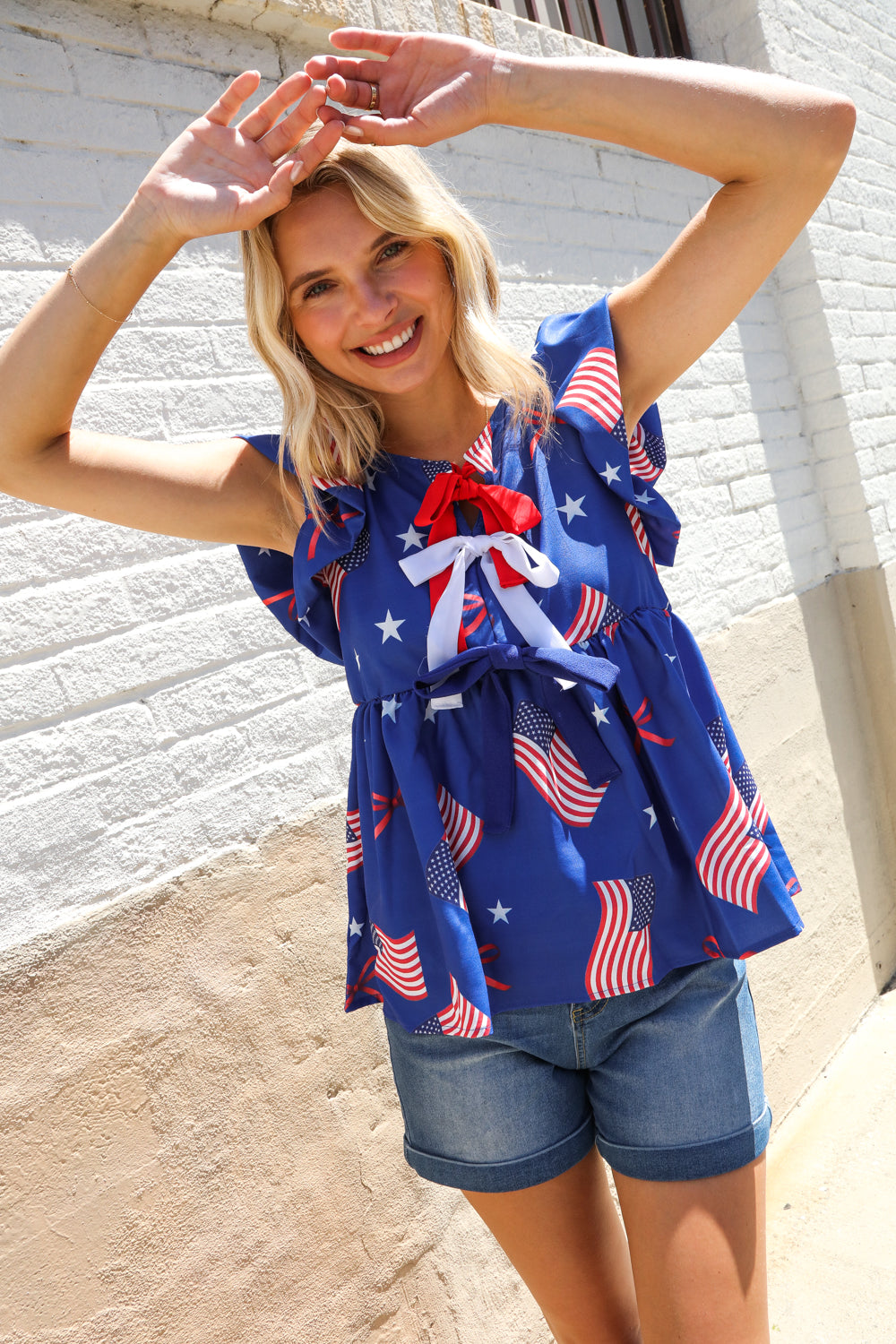 Haptics American Flag Blue & Red Stars & Bow Print Woven Top
