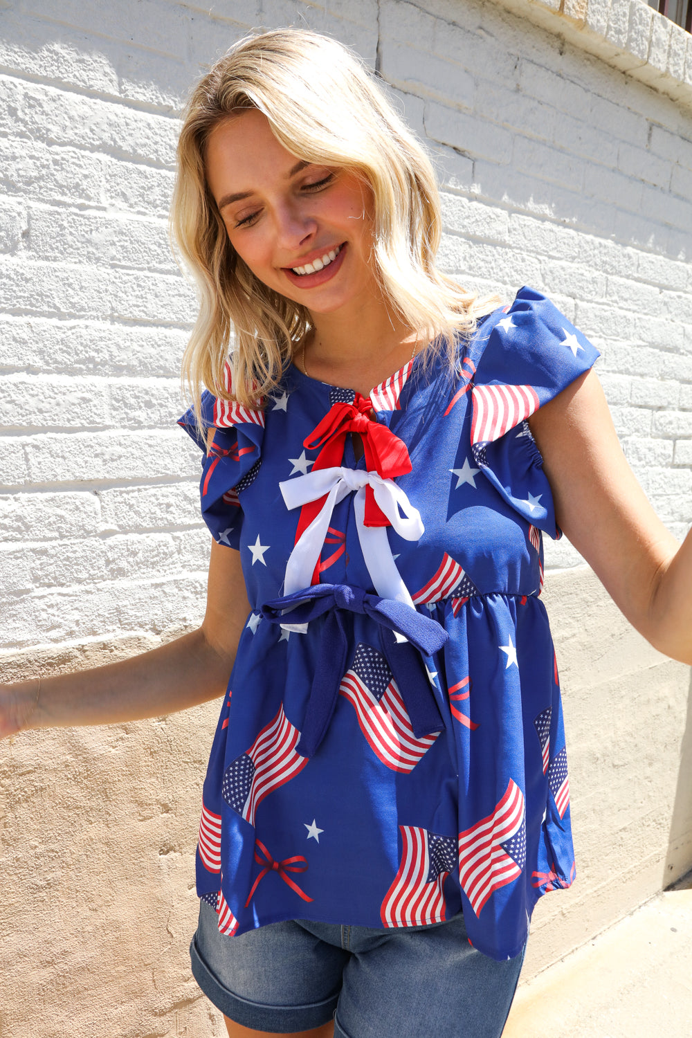 Haptics American Flag Blue & Red Stars & Bow Print Woven Top