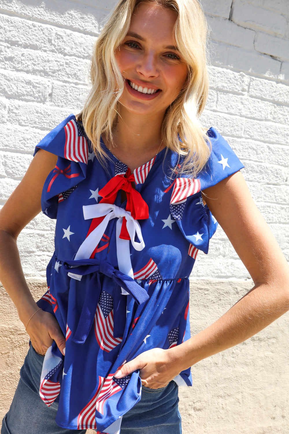Haptics American Flag Blue & Red Stars & Bow Print Woven Top