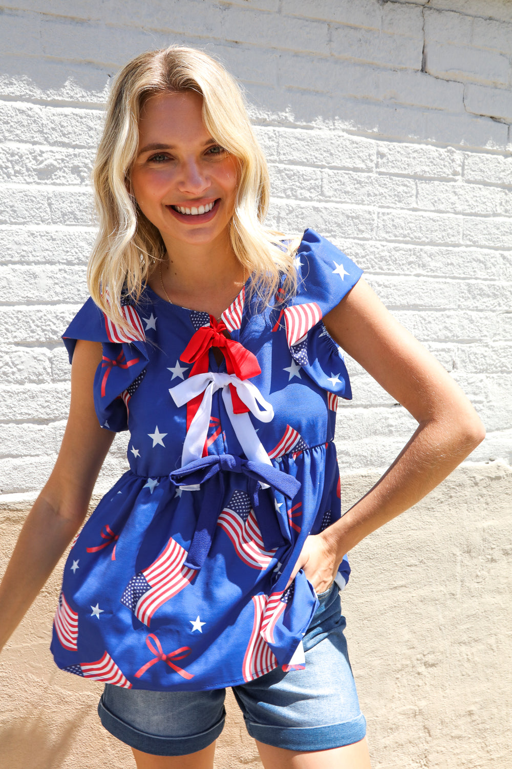Haptics American Flag Blue & Red Stars & Bow Print Woven Top