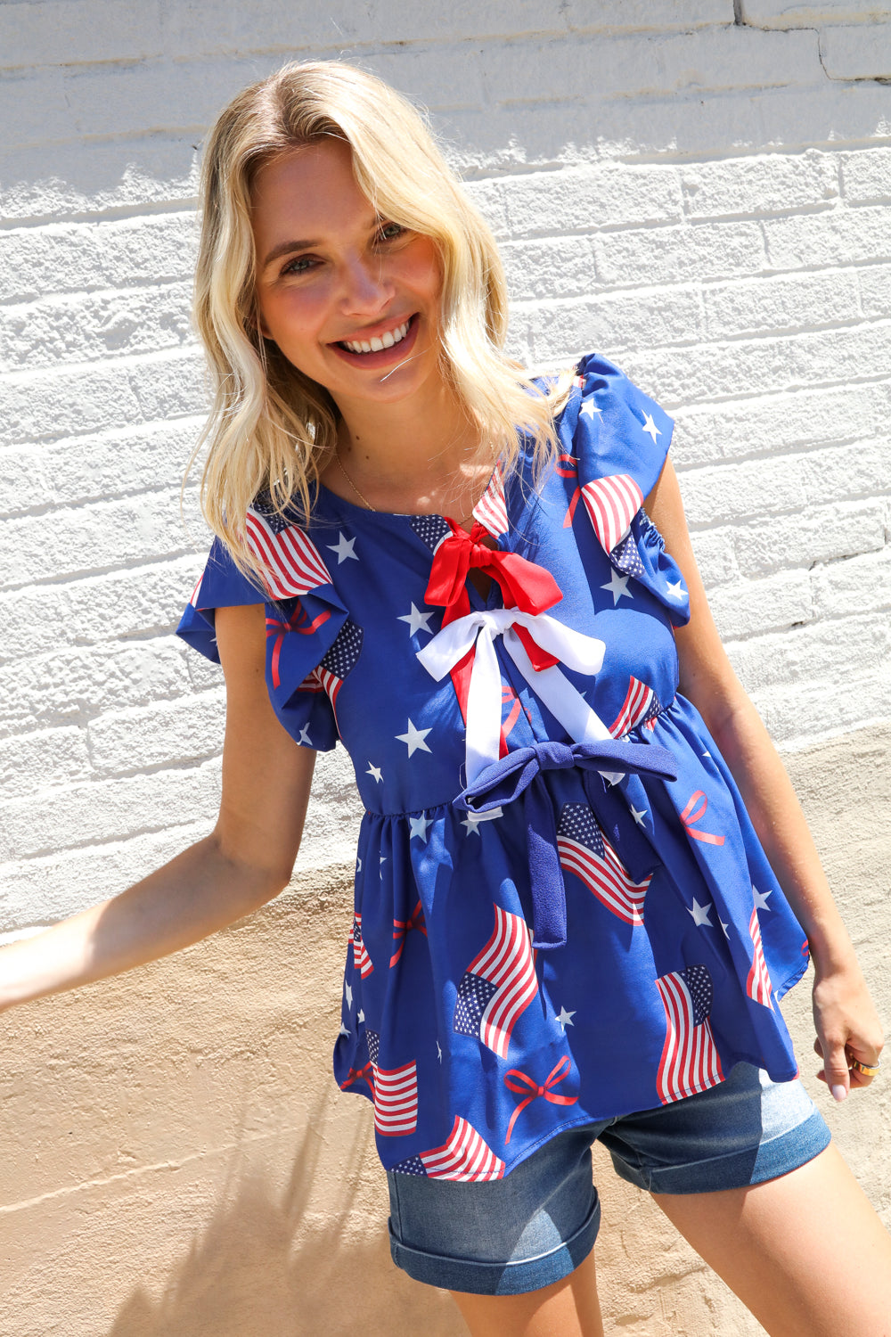 Haptics American Flag Blue & Red Stars & Bow Print Woven Top