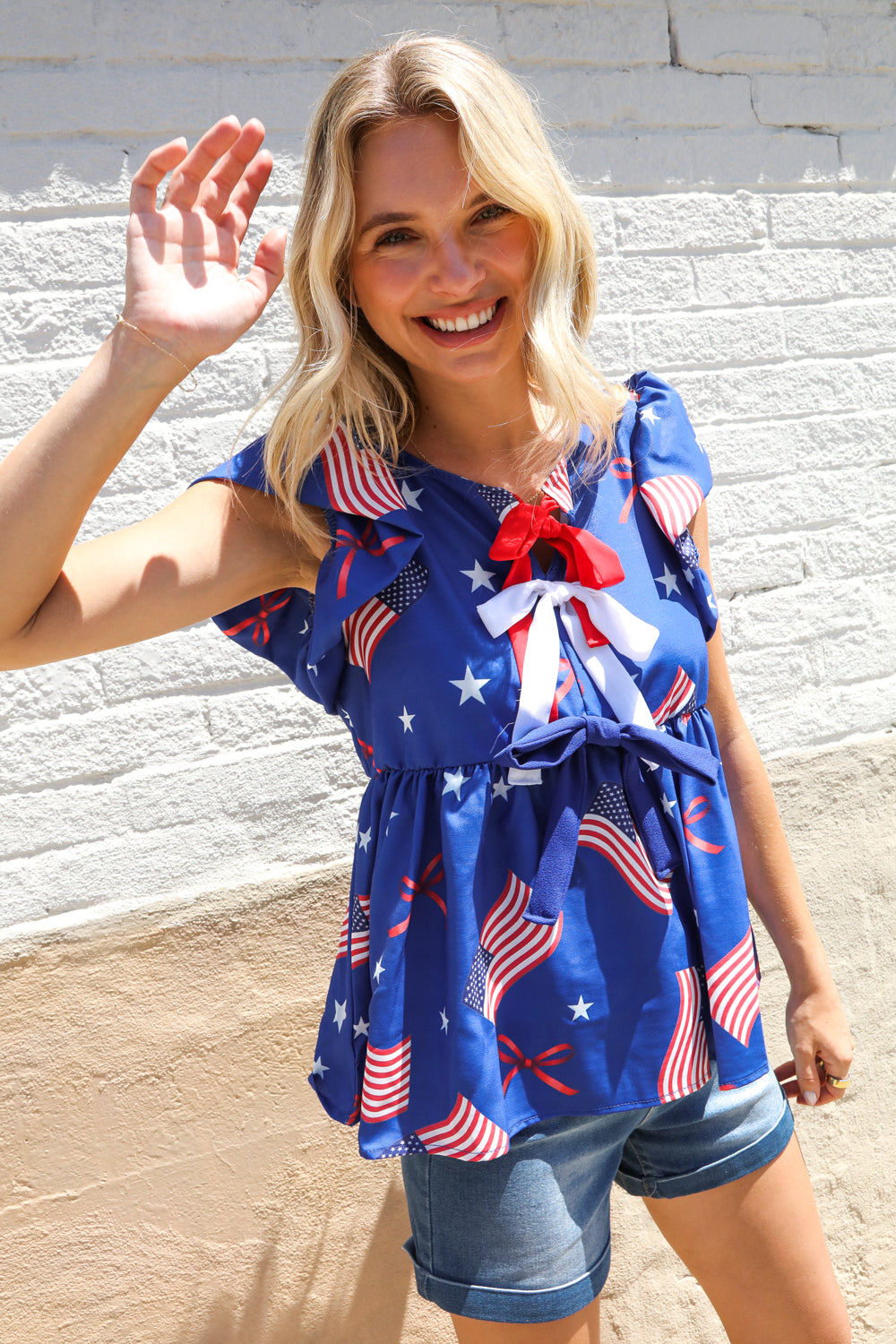 Haptics American Flag Blue & Red Stars & Bow Print Woven Top