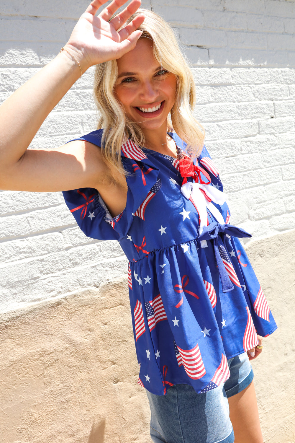 Haptics American Flag Blue & Red Stars & Bow Print Woven Top