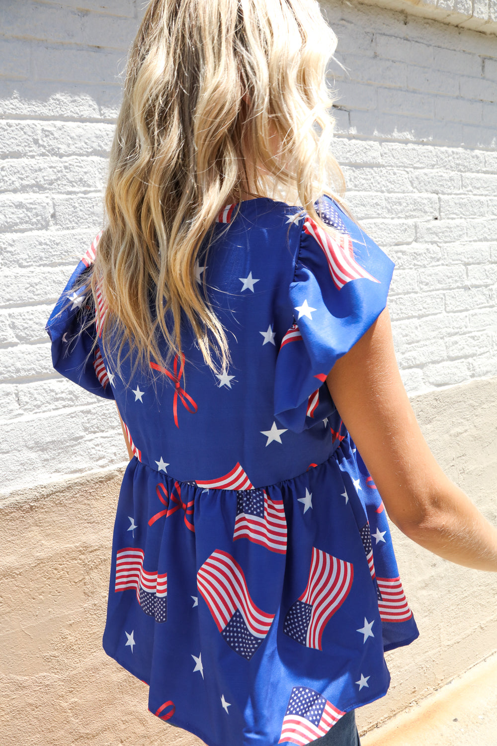 Haptics American Flag Blue & Red Stars & Bow Print Woven Top